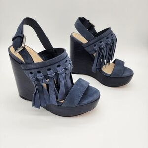 New Jimmy Choo Blue Suede Tassel Statement Wedges Sandals Size 5.5 EU 38.5